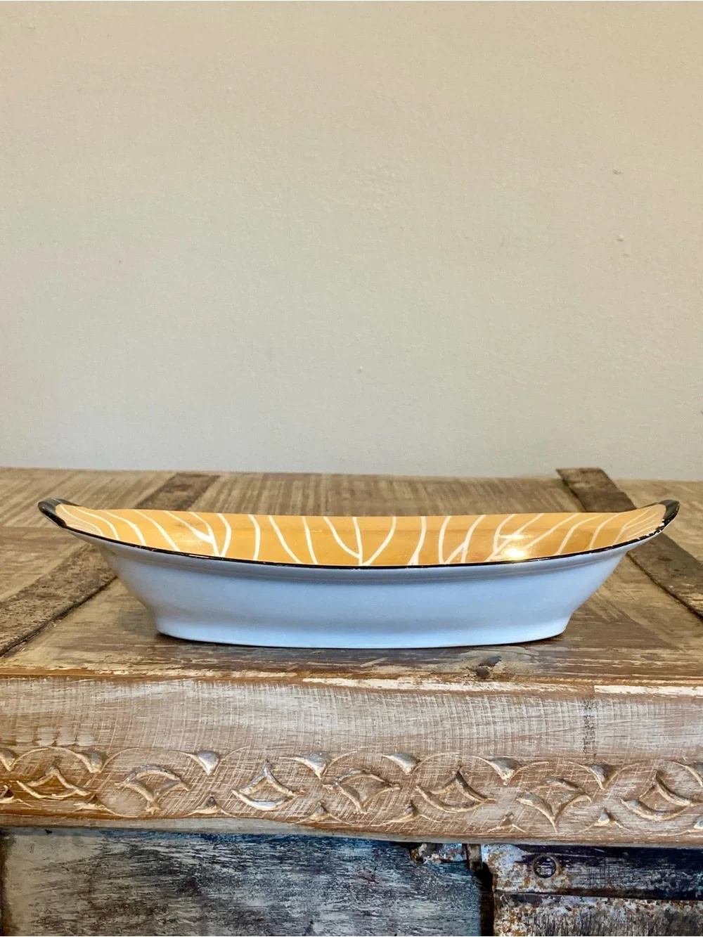 Vintage Noritake Peach Lusterware Oval Dish With Black Trim 8.5” Long